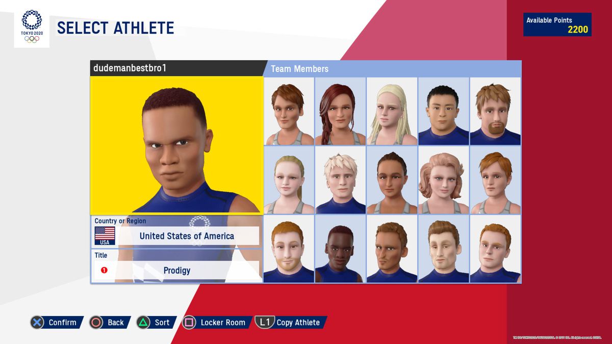 screen showing a main athlete character and their 15 teammates in Olympic Games Tokyo 2020