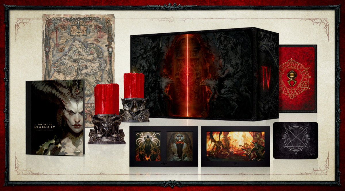 A stock image of the Diablo 4 Collector’s Box which includes a pair of matte art prints, a 300-page art book, an electric candle, mousepad, an enamel pin, and a cloth map of sanctuary.