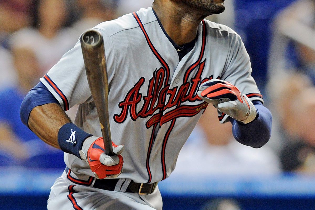 July 24, 2012; Miami, FL, USA; Atlanta Braves right fielder Jason Heyward (22) connects for an RBI during the seventh against the Miami Marlins at Marlins Park. Mandatory Credit: Steve Mitchell-US PRESSWIRE