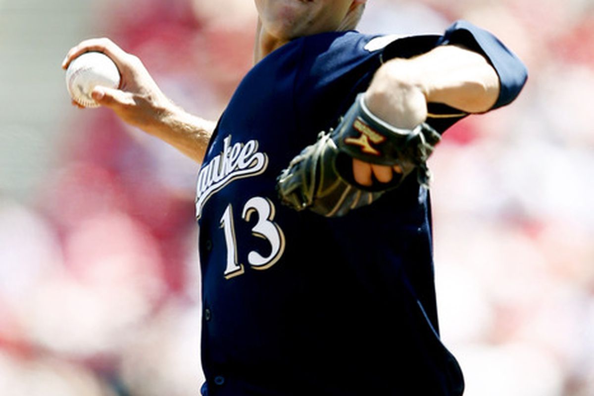 CINCINNATI, OH - JUNE 27: Zack Greinke #13 of the Milwaukee Brewers pitches during the game against the Cincinnati Reds at Great American Ball Park on June 27, 2012 in Cincinnati, Ohio. The Brewers won 8-4. (Photo by Joe Robbins/Getty Images)