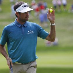 Bubba Watson acknowledges the crowd on the 17th green in the 2019 Travelers Championship Third Round at the TPC River Highlands in Cromwell, CT on June 22, 2019.