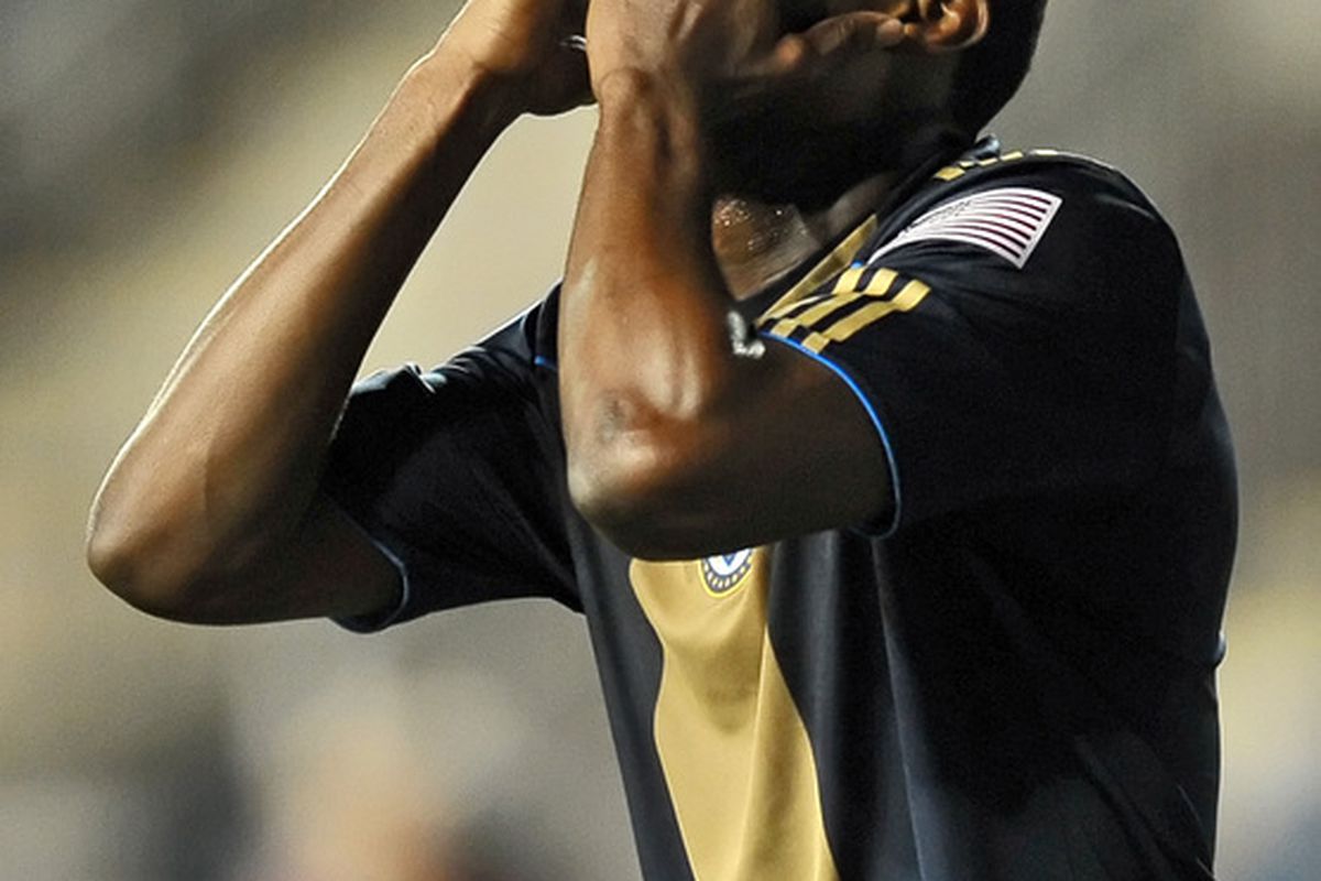 CHESTER PA- OCTOBER 16: Danny Mwanga #10 of the Philadelphia Union reacts to a missed shot during the game against the New York Red Bulls at PPL Park on October 16 2010  in Chester Pennsylvania. (Photo by Drew Hallowell/Getty Images)