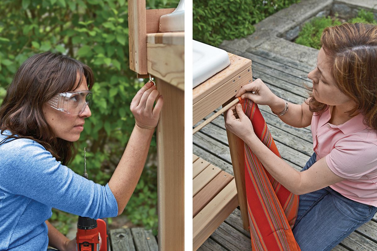 Left Image: Installing hooks for the curtain rod. Right Image: Hanging a curtain on a dowel. 