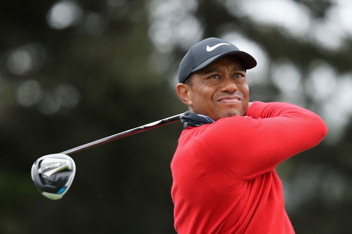Tiger Woods of the United States plays a tee shot on the 14th hole during the final round of the 2020 PGA Championship at TPC Harding Park on August 09, 2020 in San Francisco, California.