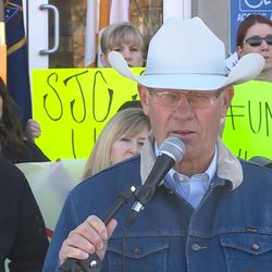San Juan County Commissioner Bruce Adams speaks at a rally in Monticello on Thursday, Dec. 29, 2016. Opponents of the new Bears Ears National Monument covering 1.35 million acres in southeast Utah  gathered in front of the Monticello Courthouse to blast President Barack Obama's decision.