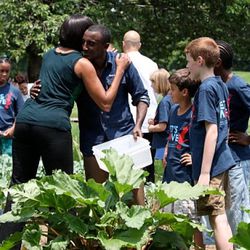 Here's Red Rooster's Marcus Samuelsson hugging First Lady Michelle Obama at the June 2010 <a href="http://obamafoodorama.blogspot.com/2010/06/its-historic-every-time.html" rel="nofollow">harvest and picnic</a> in the White House Garden. <br />(<a href="ht