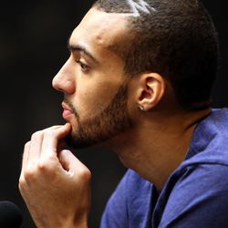 Utah Jazz center Rudy Gobert talks to the media during the end-of-season press conference in Salt Lake City on Tuesday, May 9, 2017. With Hayward off to Boston, Gobert is now the Jazz's frontman.