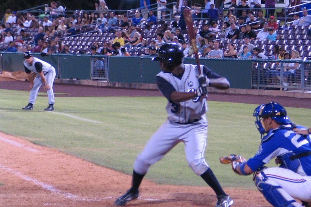 Jeremy Moore hits for the Quakes last year in perhaps the only three walk game of his career. 