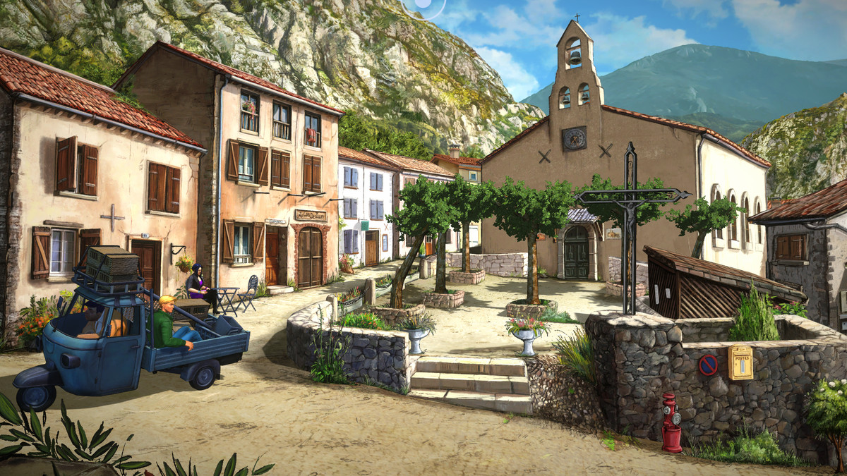 A man rides in the back of a tiny three-wheeled van into a picturesque southern French village square in the mountains in Broken Sword: Parzival’s Stone