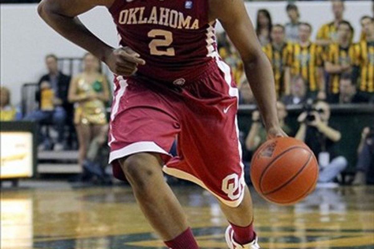 Feb 25, 2012; Waco, TX, USA; Oklahoma Sooners guard Steven Pledger (2) drives to the basket during the second half against the Baylor Bears at the Ferrell Center.  Baylor won 70-60. Mandatory Credit: Kevin Jairaj-US PRESSWIRE
