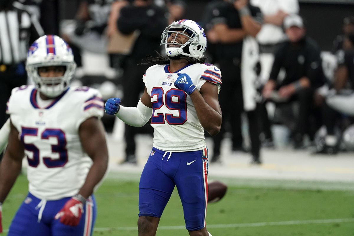 Buffalo Bills cornerback Josh Norman (29) celebrates in the fourth quarter against the Las Vegas Raiders at Allegiant Stadium. The Bills defeated the Raiders 30-23.