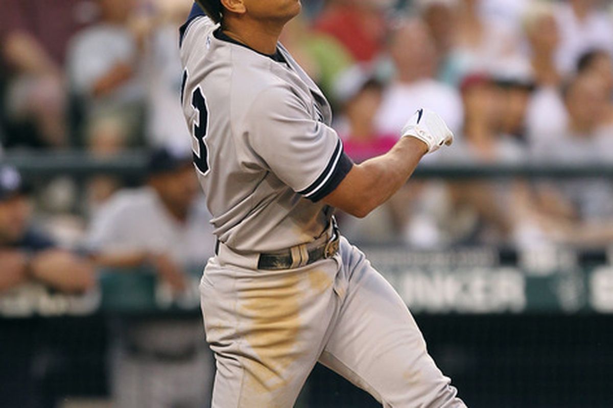 SEATTLE - JULY 09:  Alex Rodriguez #13 of the New York Yankees watches his RBI sacrifice fly in the sixth inning against the Seattle Mariners at Safeco Field on July 9 2010 in Seattle Washington. (Photo by Otto Greule Jr/Getty Images)