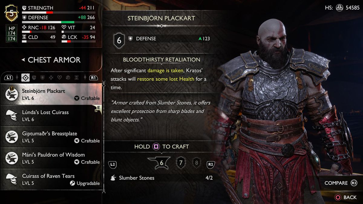 Kratos wears the Steinbjorn plackart while standing in the armor menu for God of War Ragnarok.
