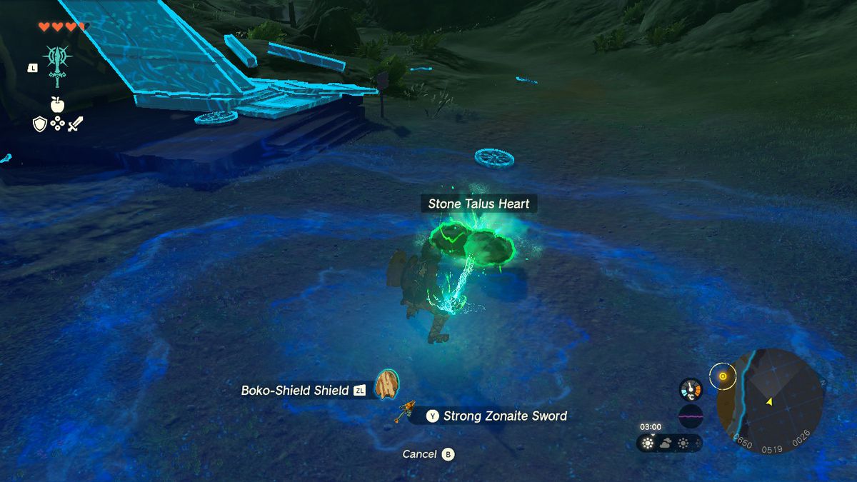 Link fuses a Stone Talus Heart to a Zonaite Sword in Zelda Tears of the Kingdom