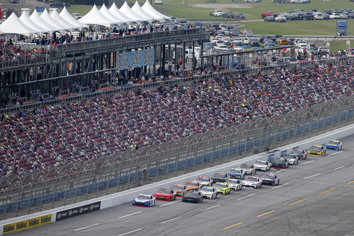 A general view of racing during the NASCAR Xfinity Series Sparks 300 at Talladega Superspeedway on October 02, 2021 in Talladega, Alabama.