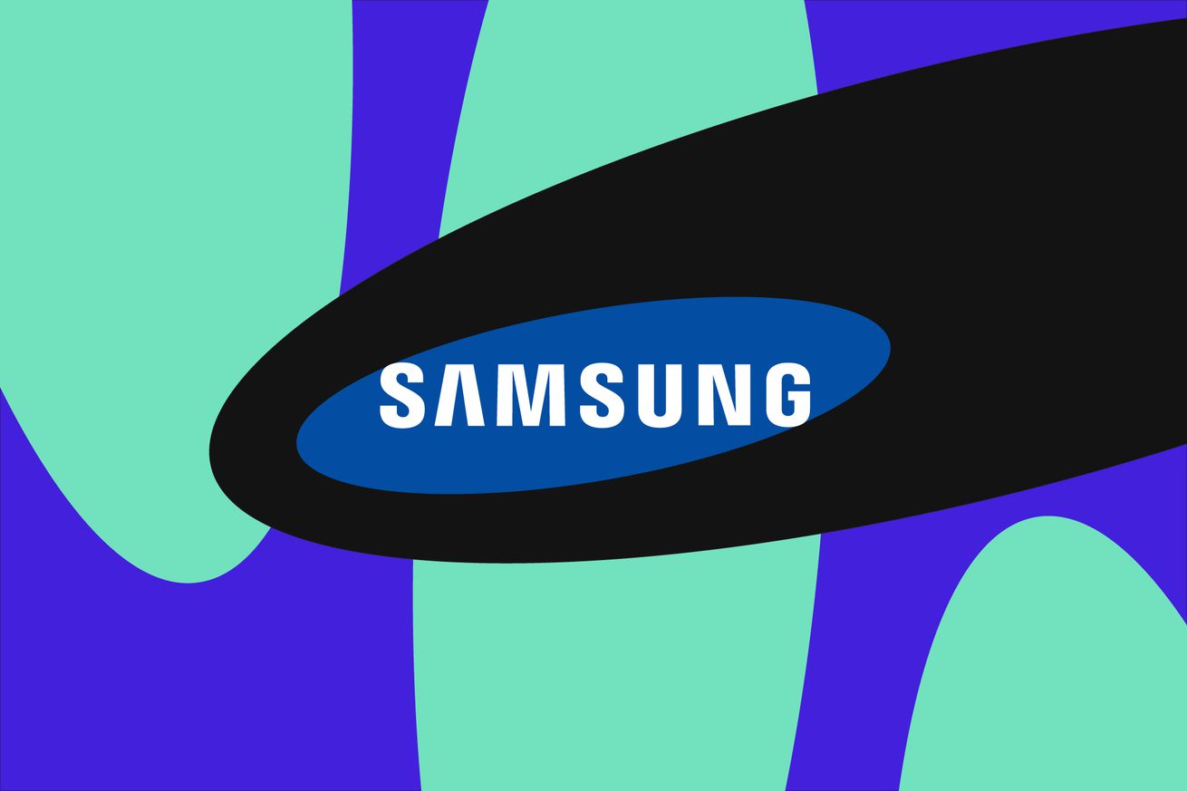 Illustration of Samsung’s logo on a black, blue, and aqua background.