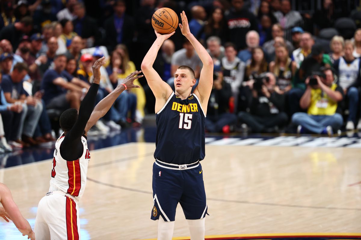 DENVER, CO - JUNE 4: Nikola Jokic #15 of the Denver Nuggets shoots the ball during the game during game two of the 2023 NBA Finals on June 4, 2023 at the Ball Arena in Denver, Colorado.&nbsp;