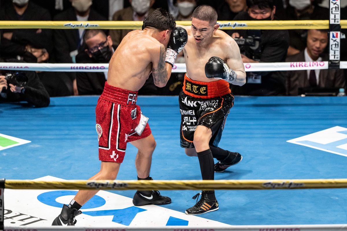 WBO super flyweight champion Kazuto Ioka of Japan (R) fights against WBA champion Joshua Franco of the US during their super flyweight title unification boxing match on New Years Eve in Tokyo on December 31, 2022.