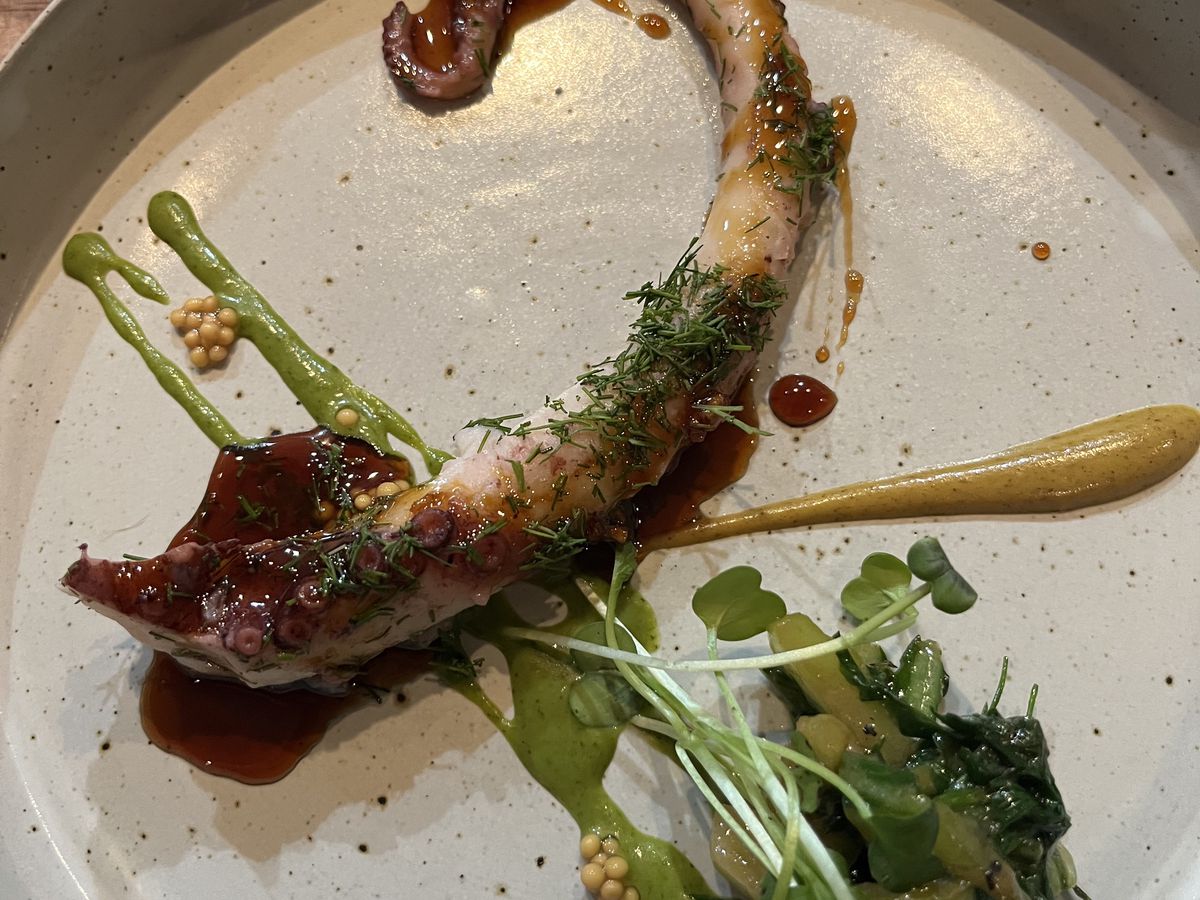 A octopus tentacle on a plate and a side of greens splashed artistically with sauce 