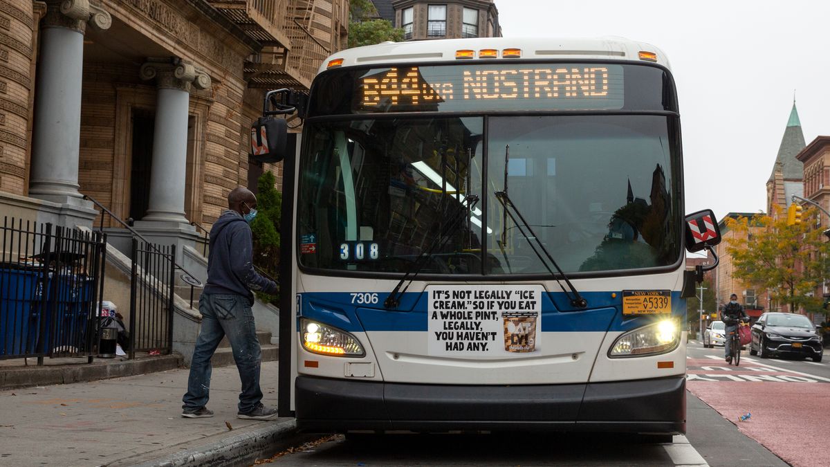 A B44 bus on Nostrand Avenue in Brooklyn, Oct. 23, 2020.