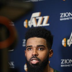 Houston guard Corey Davis Jr. speaks to reporters after working out with the Jazz at Zions Bank Basketball Center in Salt Lake City on Friday, May 24, 2019.