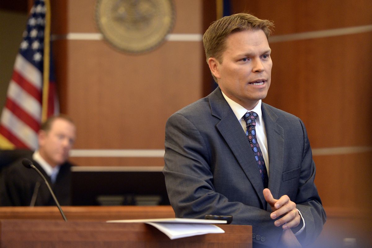 Salt Lake County prosecutor Nathan Evershed gives his closing arguments during the trial of former Canyons School District bus driver John Carrell in West Jordan on Wednesday July 22, 2015.