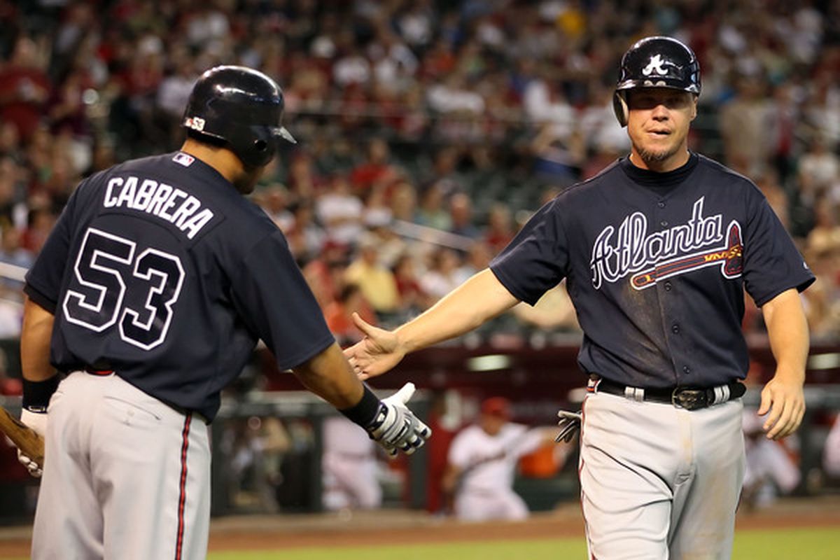 Chipper Jones and Melky Cabrera combined to go 3-7 with 3 walks on the Braves' 11-7 victory over the Diamondbacks. 
