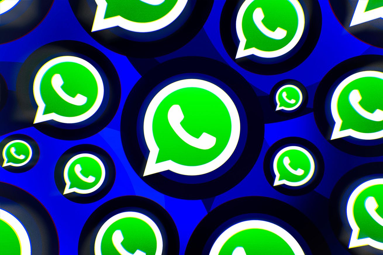 Illustration of a number of green WhatsApp logos in black circles floating across a blue background