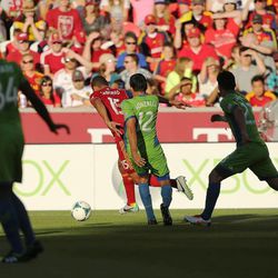 Players compete during an MLS game between Real Salt Lake and Seattle on Saturday, June 22, 2013 at Rio Tinto Stadium. RSL beat the Sounders 2-0.