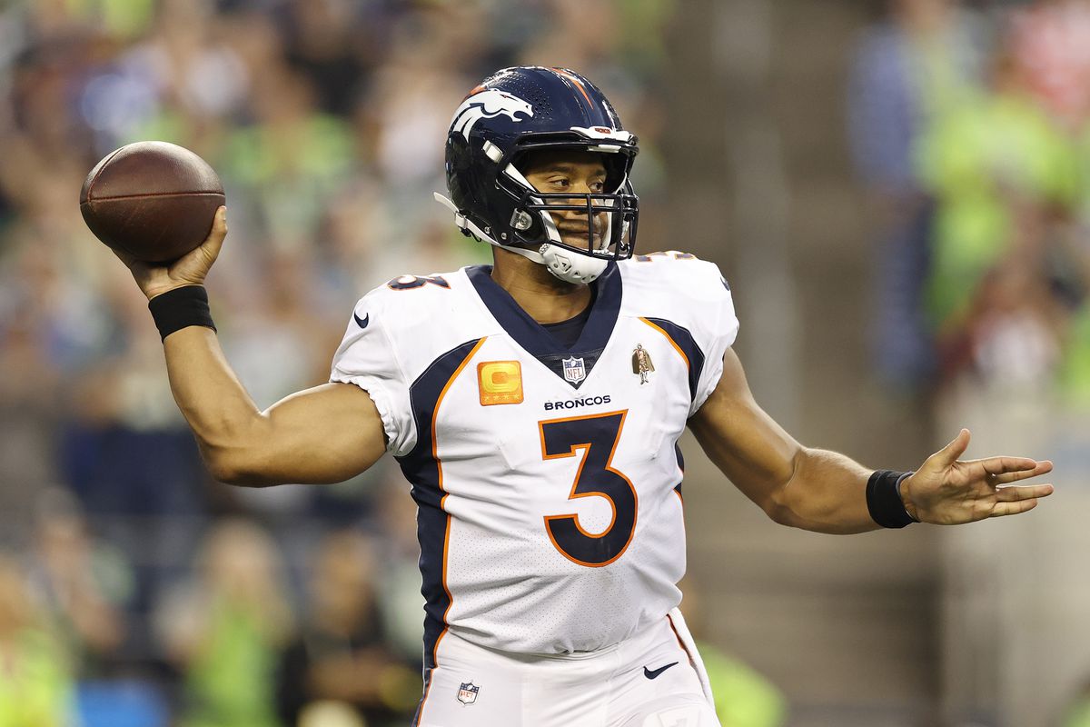 SEATTLE, WASHINGTON - SEPTEMBER 12: Russell Wilson #3 of the Denver Broncos looks to pass during the fourth quarter against the Seattle Seahawks at Lumen Field on September 12, 2022 in Seattle, Washington.