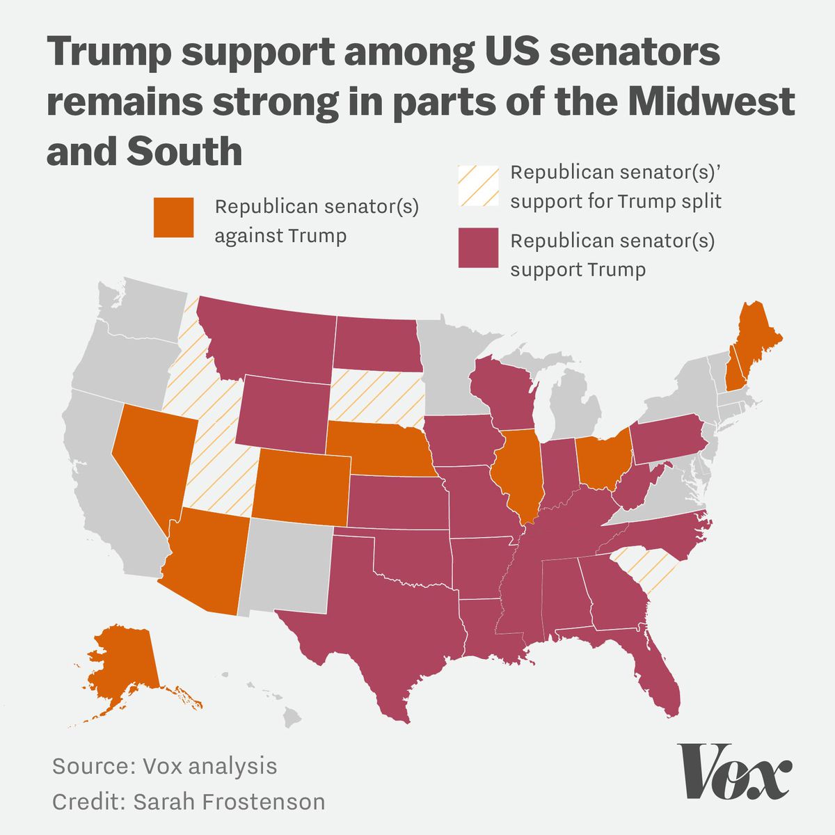 Map showing Republican senator support for Trump and which states are split are anti-Trump