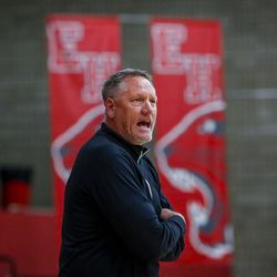 Mitch Smith, coach of the East High School varsity boys basketball team, looks on during a play during the spring league tournament at East High School in Salt Lake City on Thursday, May 18, 2017. East beat Granger 57-56.