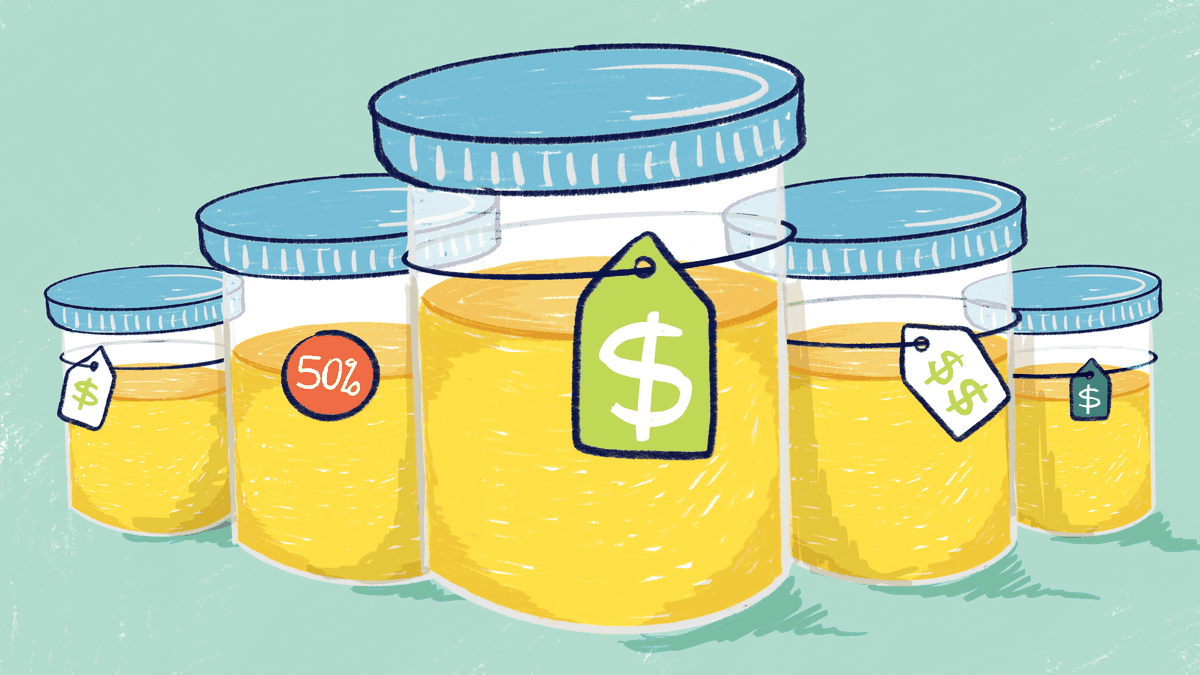 An illustration of jars of urine affixed with price tags.