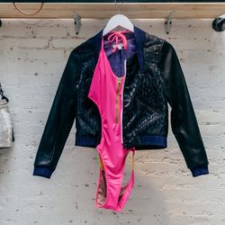 <b>Bedford Street Laundry</b> bomber jacket, $440; <b>Bedford Street Laundry x The Rising States</b> Monokini, $138 
