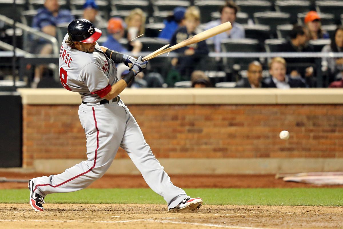 Sep 10, 2012; Flushing, NY,USA; Washington Nationals left fielder Michael Morse (38) grounds out to third as he breaks the bat during the eighth inning against the New York Mets at Citi Field.  Mandatory Credit: Anthony Gruppuso-US PRESSWIRE