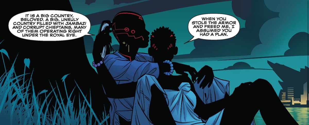 Ayo and Aneka sit entwined, rendered in black silhouette, discussing their next move in Black Panther #2, Marvel Comics (2016). 