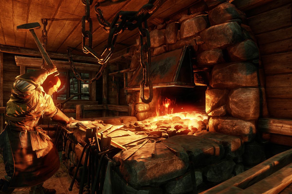 New World - A blacksmith hammers gear on a fiery forge