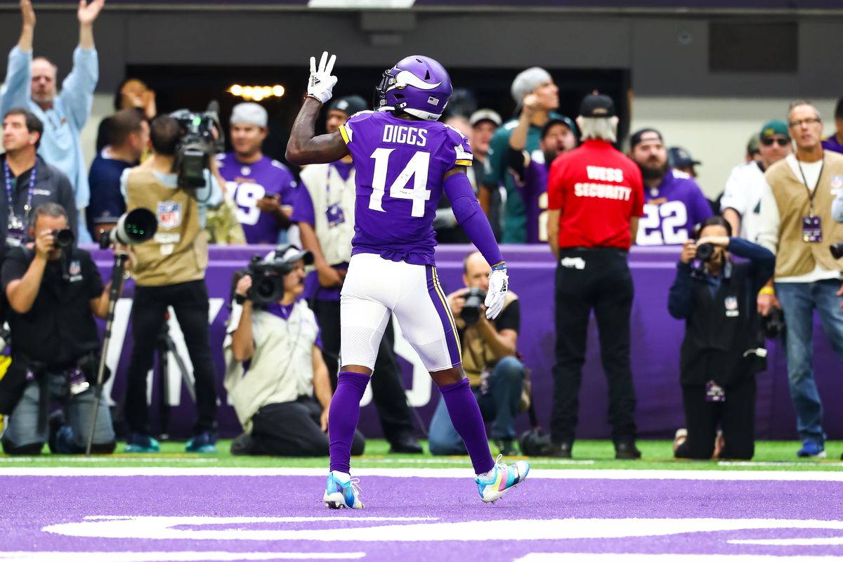 Minnesota Vikings wide receiver Stefon Diggs celebrates after catching a pass for a touchdown in the third quarter against the Philadelphia Eagles at U.S. Bank Stadium.