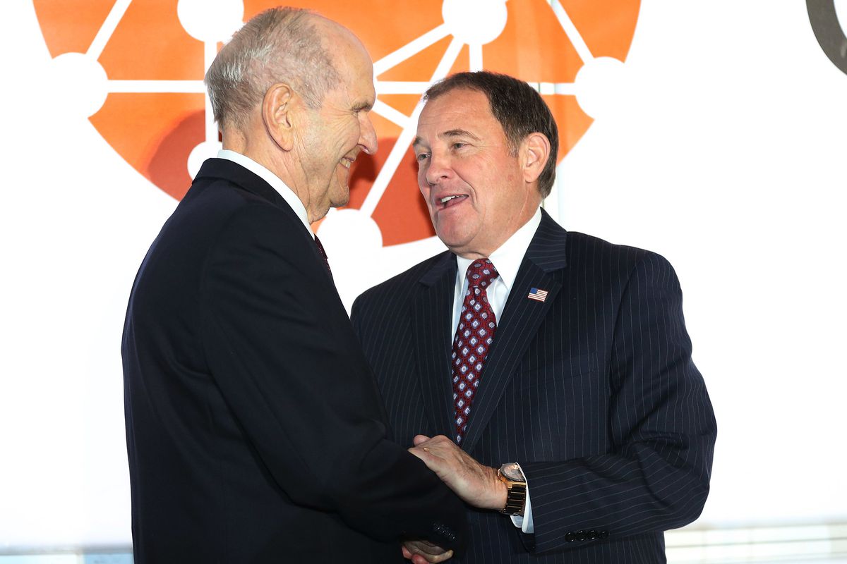 LDS Church President Russell M. Nelson is awarded a lifetime achievement award by Gov. Gary Herbert at the Utah Technology Innovation Summit in Salt Lake City on Wednesday, June 6, 2018. President Nelson received the award for his accomplishments as a hea