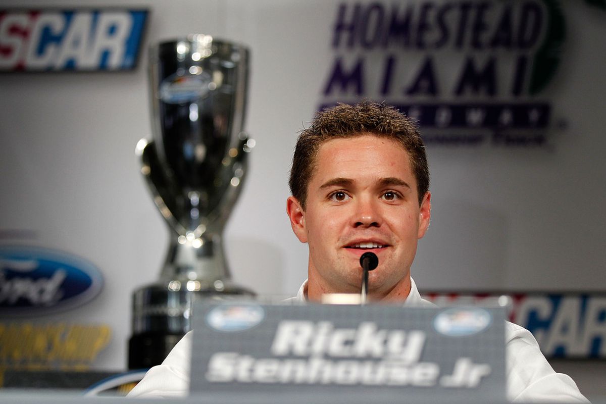 Ricky Stenhouse Jr. talks with members of the media during the NASCAR Champions Contenders Press Conference at Lummus Park in Miami Beach, Fla.