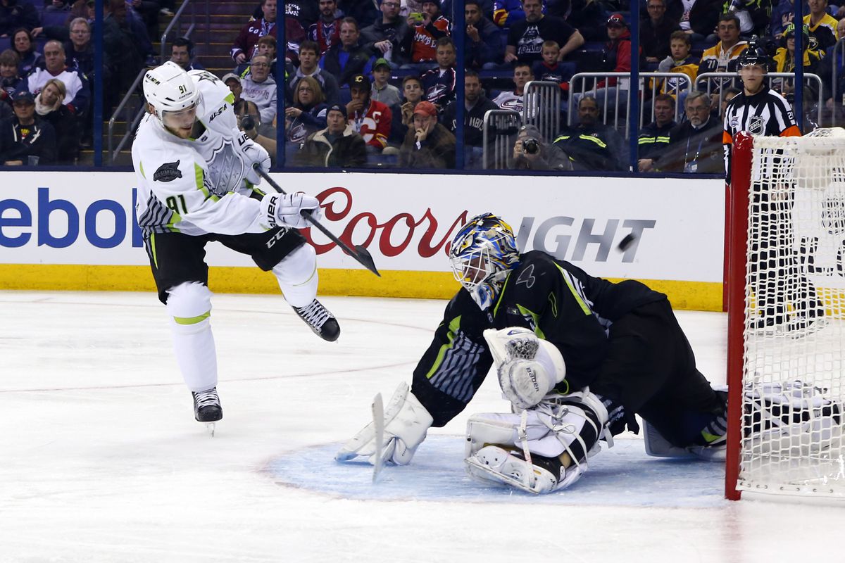 Brian Elliott tries to stop a shot in the All-Star Game. Statistically speaking, he probably did not succeed. 