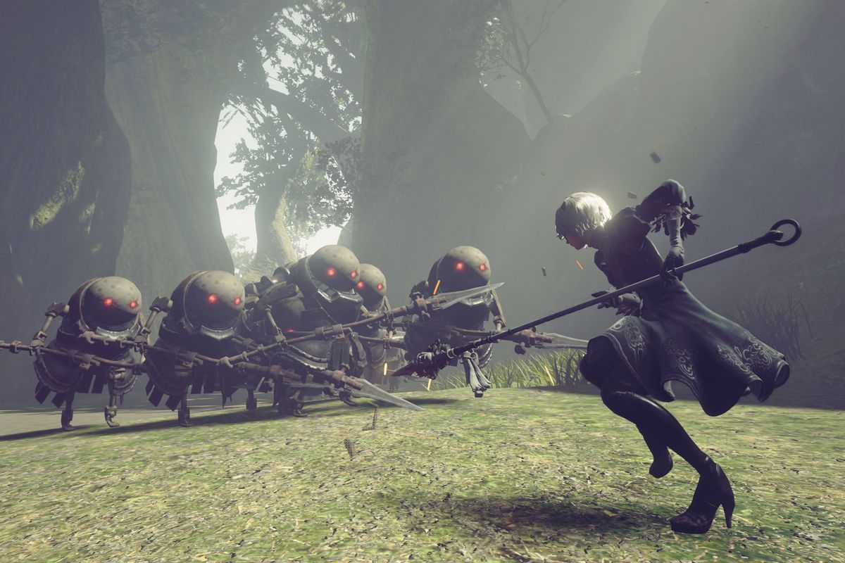 2B facing off against a squad of enemy machines in Nier: Automata