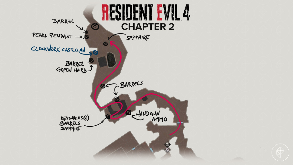 Resident Evil 4&nbsp;remake&nbsp;map showing a path and items in the area past the Hexagonal-Shaped Slot.