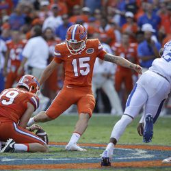 File-This Sept. 10, 2016, file photo shows Florida place kicker Eddy Pineiro (15) kicking a 54-yard field goal against Kentucky in the first half of an NCAA college football game, in Gainesville, Fla. Pineiro was named to the second team AP Preseason All-America Team on Tuesday, Aug. 22, 2017. 