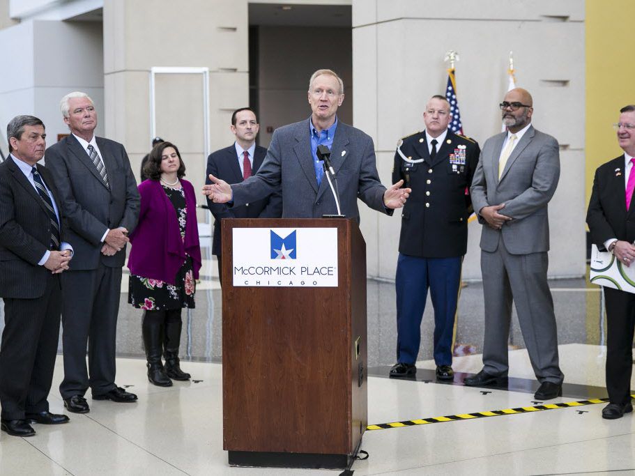 Gov. Bruce Rauner and representatives of the delegation hold a press conference and provide a recap on European investment and jobs mission at McCormick Place, Thursday afternoon, April 26, 2018. | Ashlee Rezin/Sun-Times
