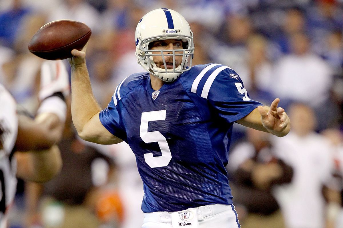 INDIANAPOLIS, IN - SEPTEMBER 18:  Kerry Collins #5 of the Indianapolis Colts throws against the Cleveland Browns  at Lucas Oil Stadium on September 18, 2011 in Indianapolis, Indiana.  (Photo by Matthew Stockman/Getty Images)