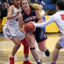 East High plays Brighton in the first round of the 5A girls basketball championships at Salt Lake Community College in Taylorsville on Monday, Feb. 19, 2018. East won 49-37.