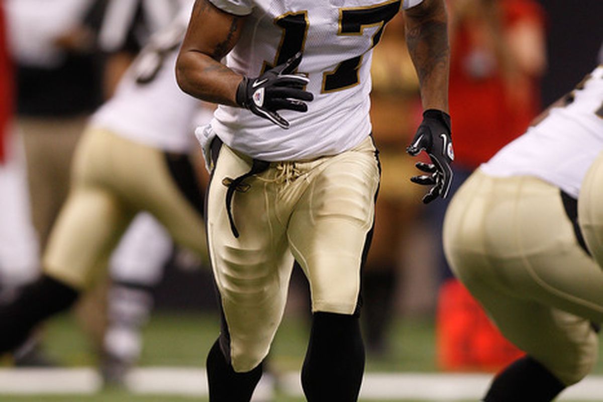 NEW ORLEANS:  Robert Meachem #17 of the New Orleans Saints in action during the game against the Cleveland Browns at the Louisiana Superdome in New Orleans Louisiana.  (Photo by Chris Graythen/Getty Images)