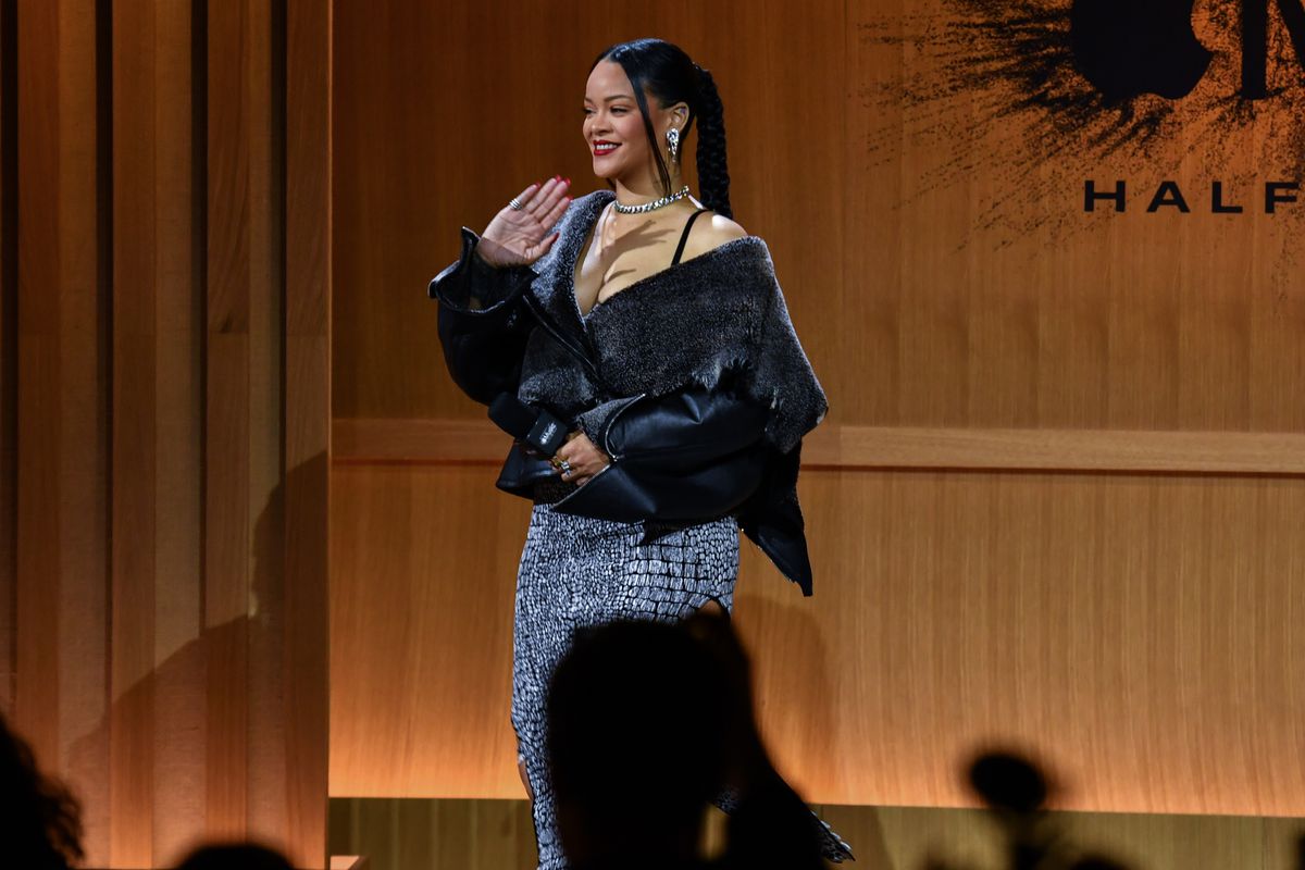 Rihanna speaks during the Super Bowl LVII Apple Music Halftime Show press conference held at the Phoenix Convention Center. Picture date: Thursday February 9, 2023. Super Bowl LVII will take place Sunday Feb. 12, 2023 between the Kansas City Chiefs and the Philadelphia Eagles.