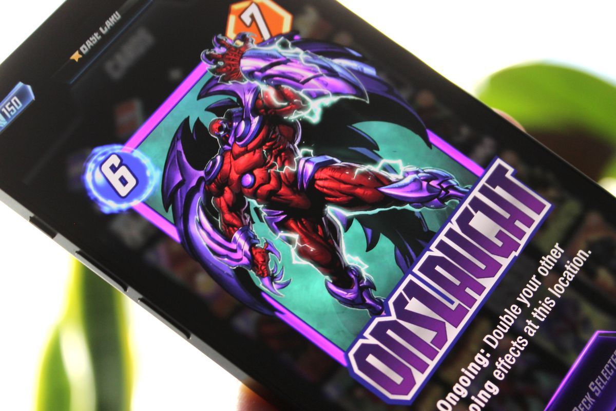 A photo of the Onslaught card in Marvel Snap on an iPhone